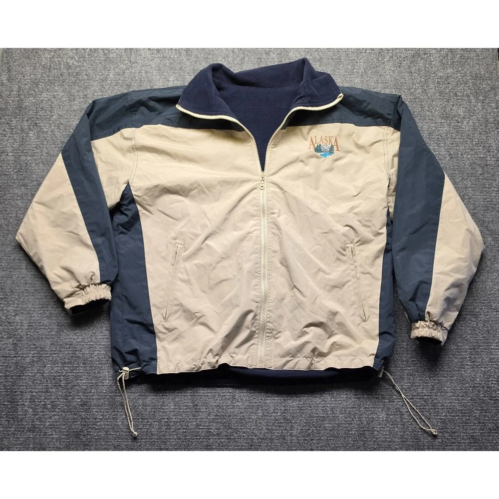 Vintage Alaska Reversible Jacket Full Zip Fleece Lined Nylon Windbreaker Beige N